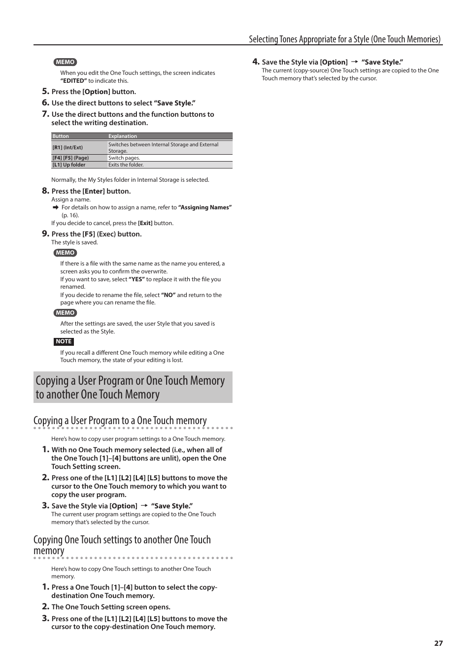 Copying a user program or one touch memory to, Another one touch memory | Roland E-A7 61 Key Expandable Arranger Keyboard User Manual | Page 27 / 60