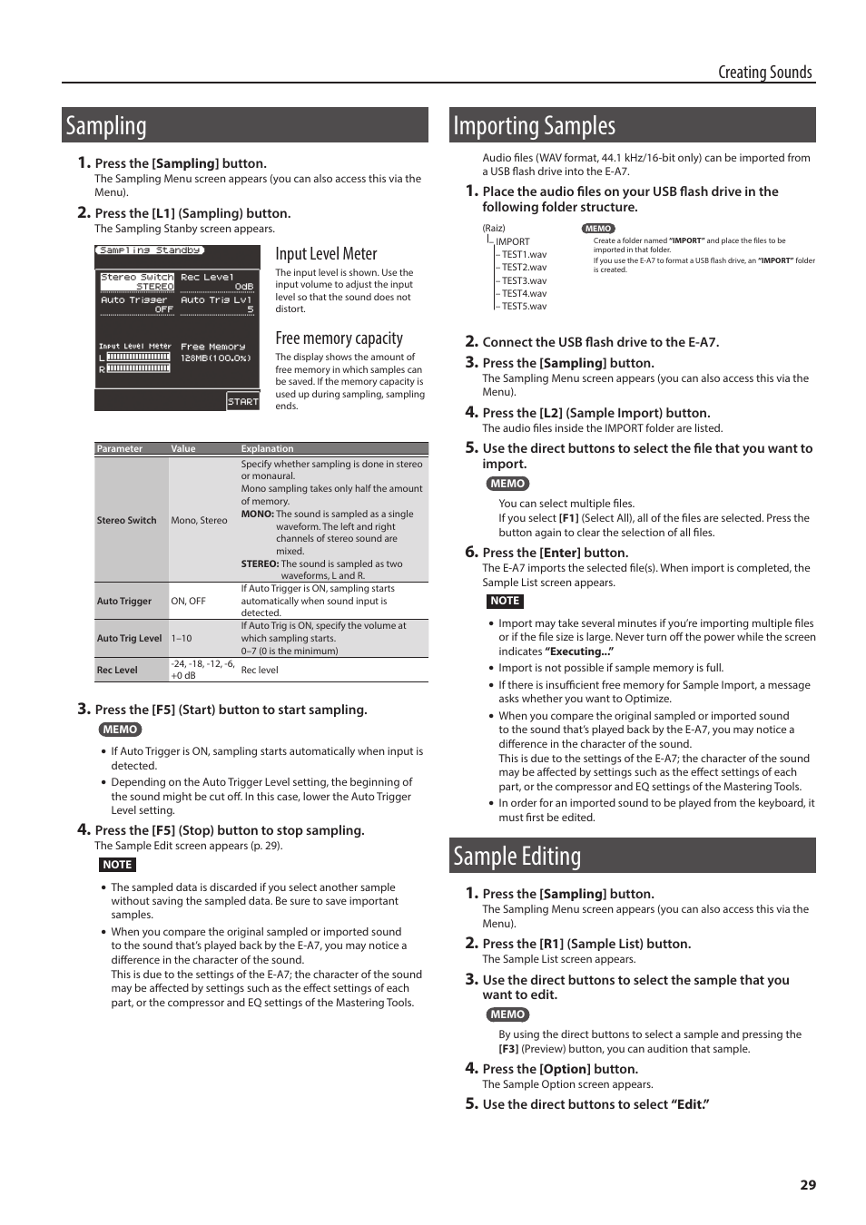 Sampling, Importing samples, Sample editing | Een (p. 29, P. 29), Creating sounds, Input level meter | Roland E-A7 61 Key Expandable Arranger Keyboard User Manual | Page 29 / 60
