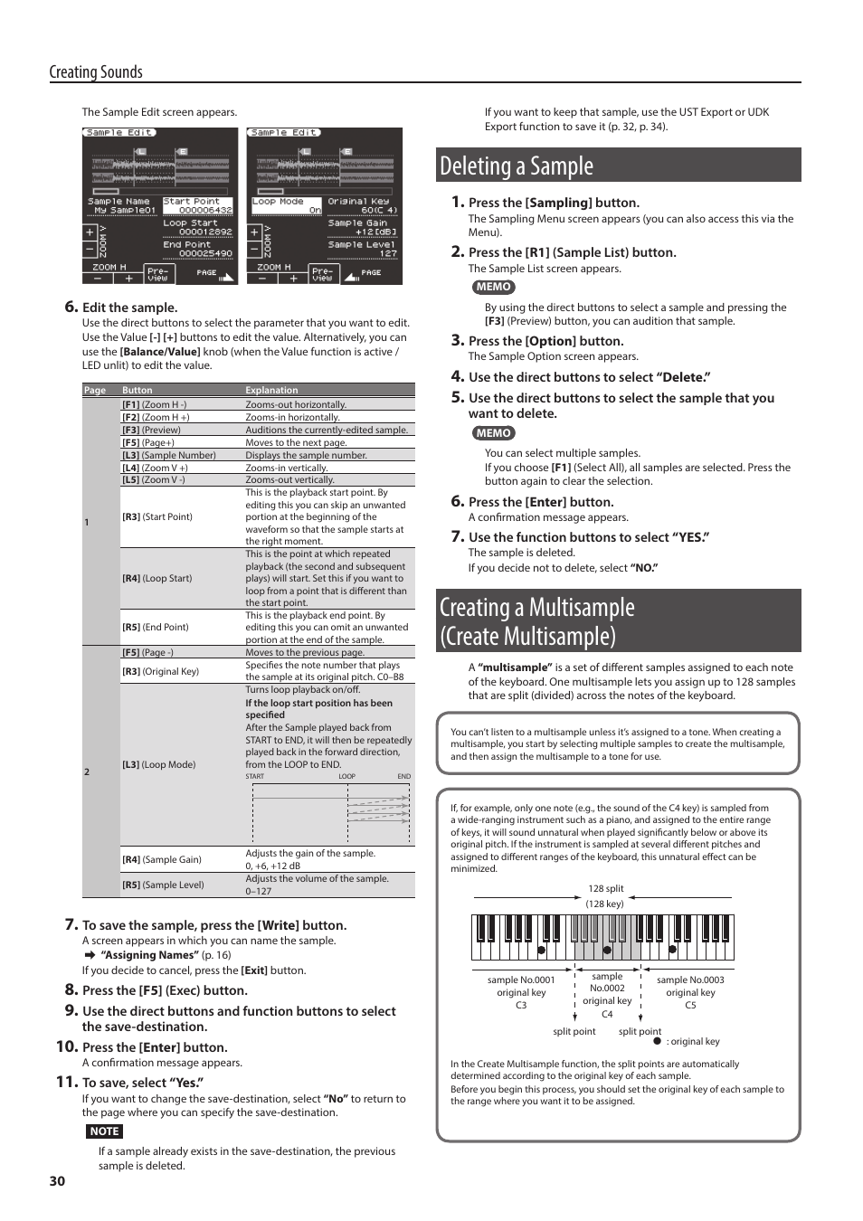 Deleting a sample, Creating a multisample (create multisample), D (p. 30) | Creating sounds | Roland E-A7 61 Key Expandable Arranger Keyboard User Manual | Page 30 / 60
