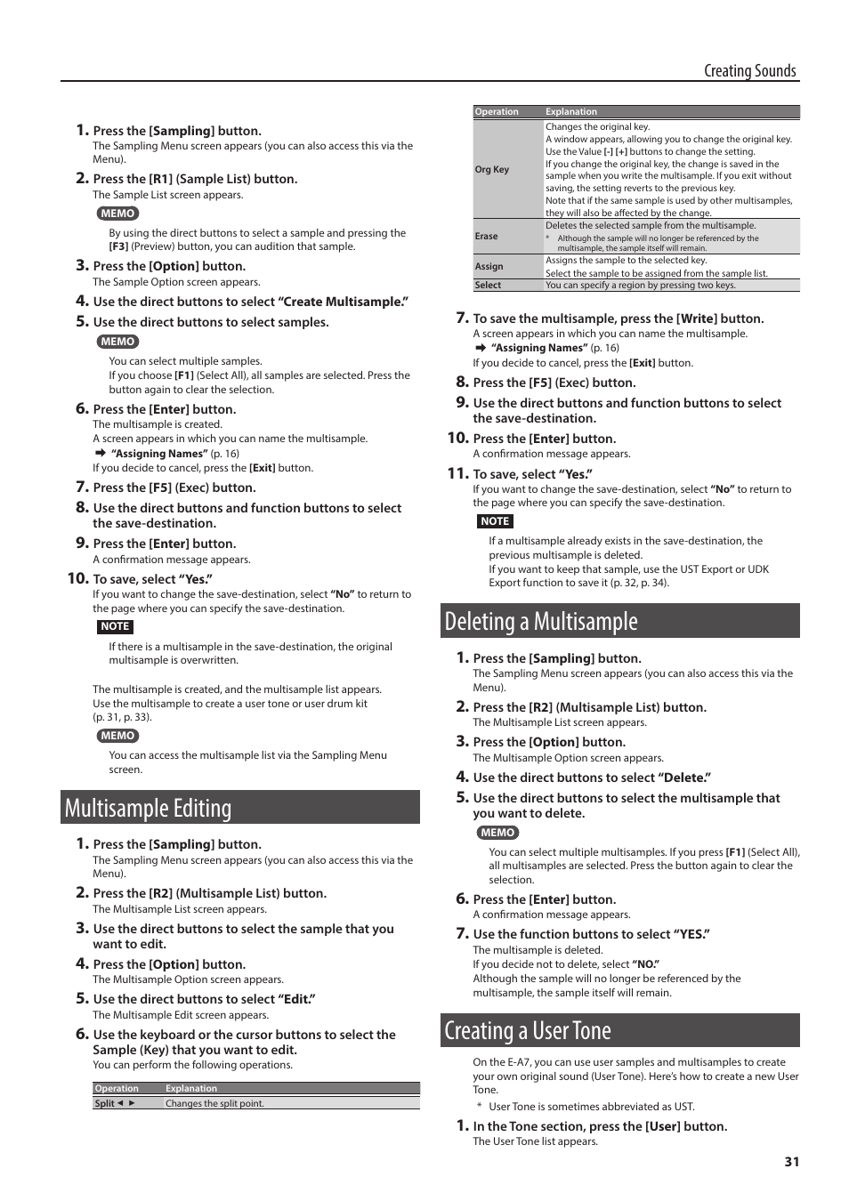 Multisample editing, Deleting a multisample, Creating a user tone | One (p. 31) and u, P. 31), P. 31, Creating sounds | Roland E-A7 61 Key Expandable Arranger Keyboard User Manual | Page 31 / 60