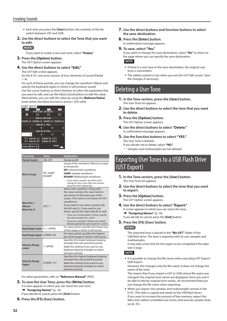 Deleting a user tone, E it (p. 32, Creating sounds | Roland E-A7 61 Key Expandable Arranger Keyboard User Manual | Page 32 / 60