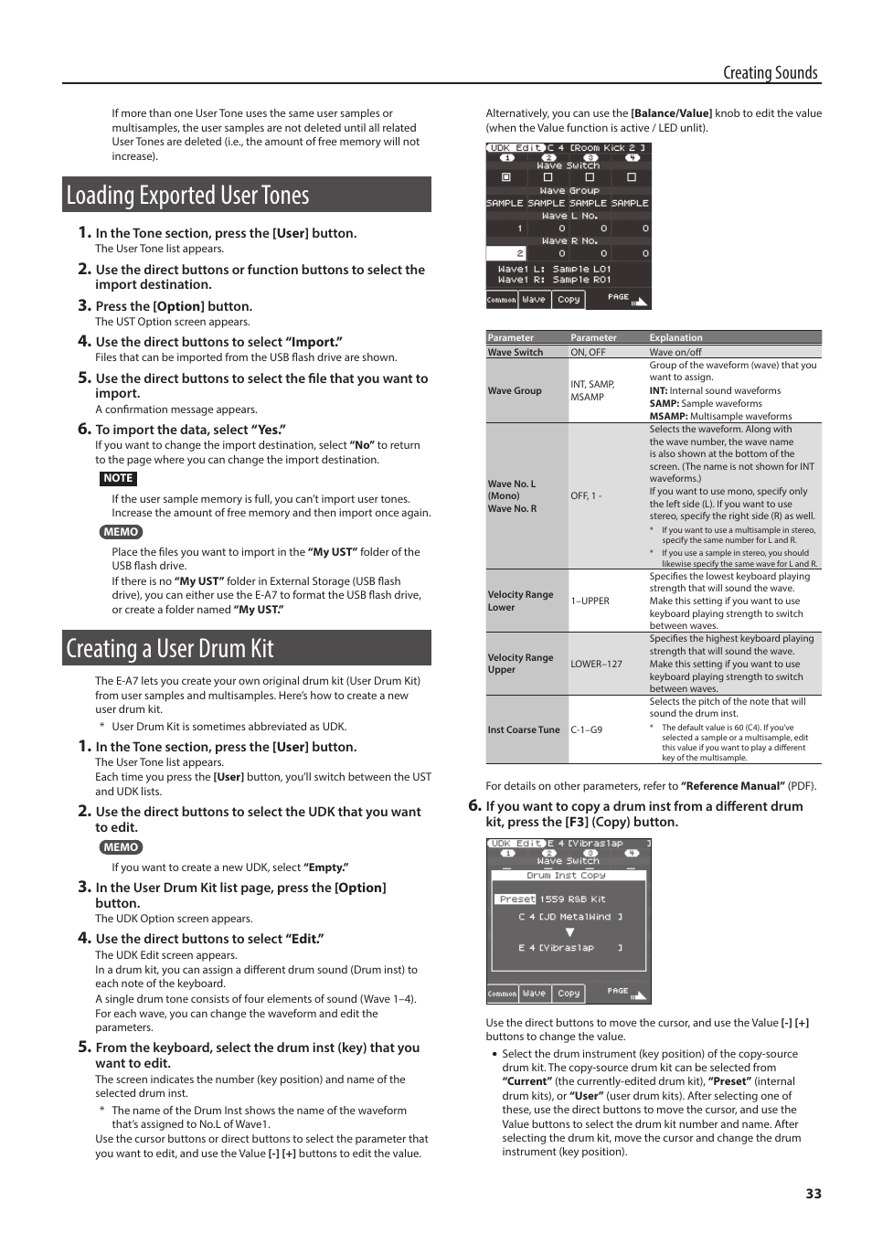 Loading exported user tones, Creating a user drum kit, It (p. 33) t | P. 33), Creating sounds | Roland E-A7 61 Key Expandable Arranger Keyboard User Manual | Page 33 / 60