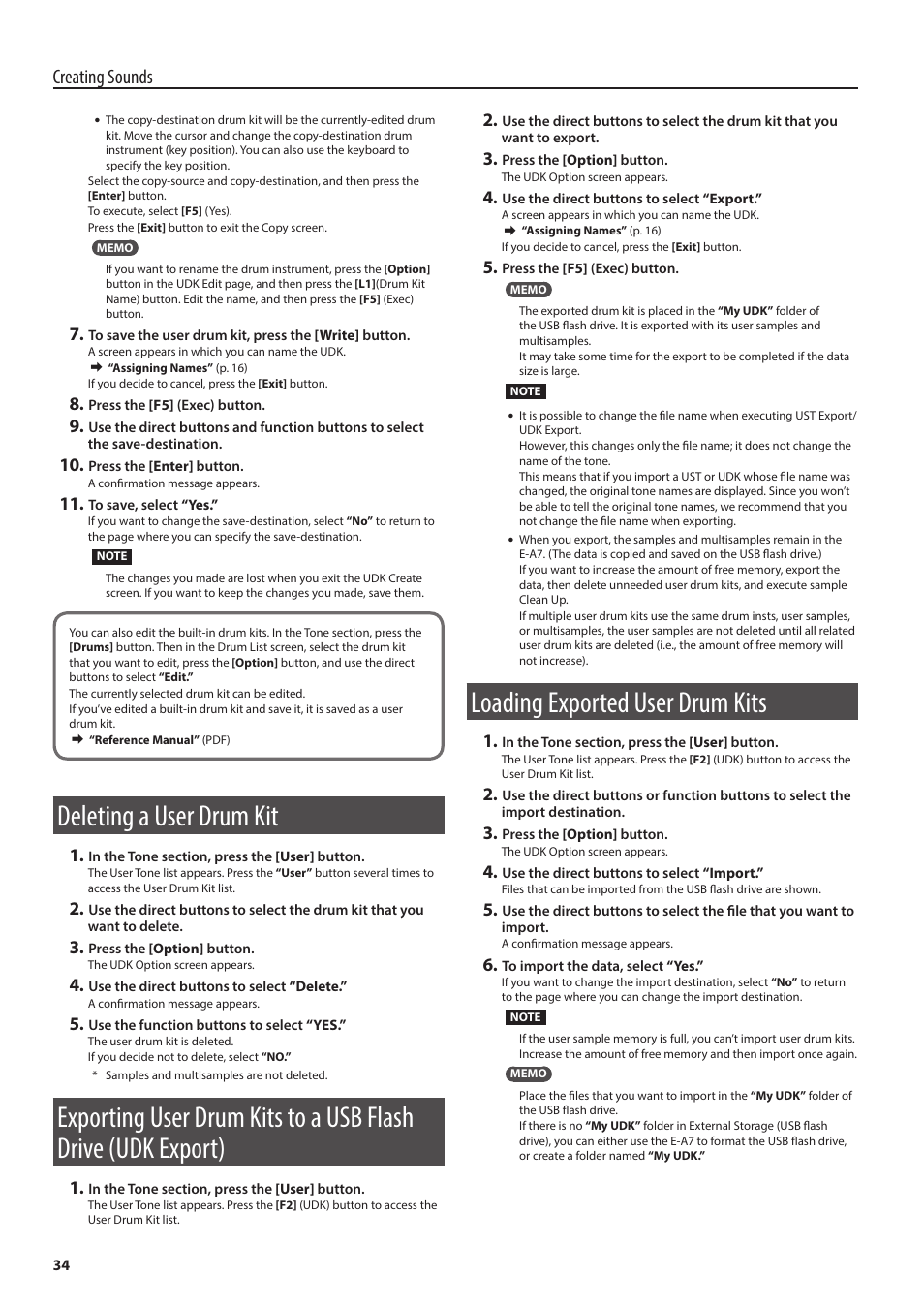 Deleting a user drum kit, Loading exported user drum kits, P. 34 | P. 34), Creating sounds | Roland E-A7 61 Key Expandable Arranger Keyboard User Manual | Page 34 / 60