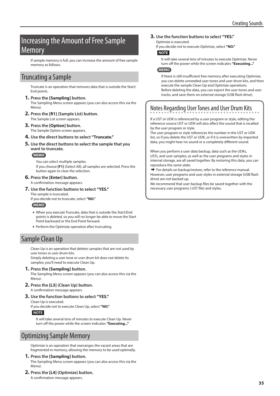 Increasing the amount of free sample memory, Truncating a sample, Sample clean up | Optimizing sample memory, Up (p. 35, Creating sounds | Roland E-A7 61 Key Expandable Arranger Keyboard User Manual | Page 35 / 60