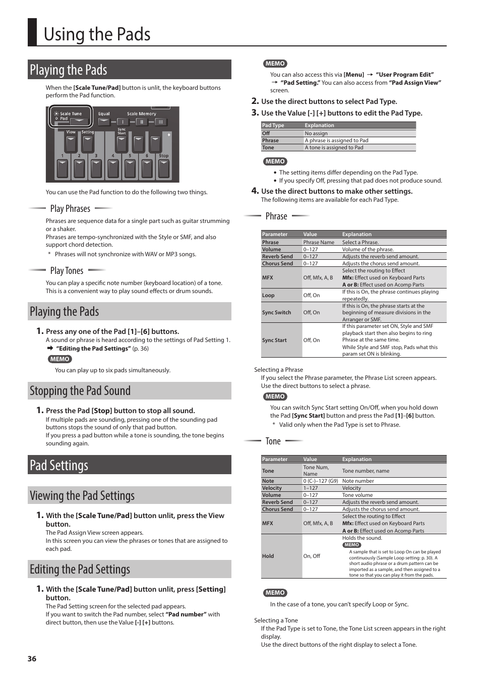 Using the pads, Playing the pads, Stopping the pad sound | Pad settings, Viewing the pad settings, Editing the pad settings, Ad (p. 36), Ts (p. 36), Play phrases, Play tones | Roland E-A7 61 Key Expandable Arranger Keyboard User Manual | Page 36 / 60