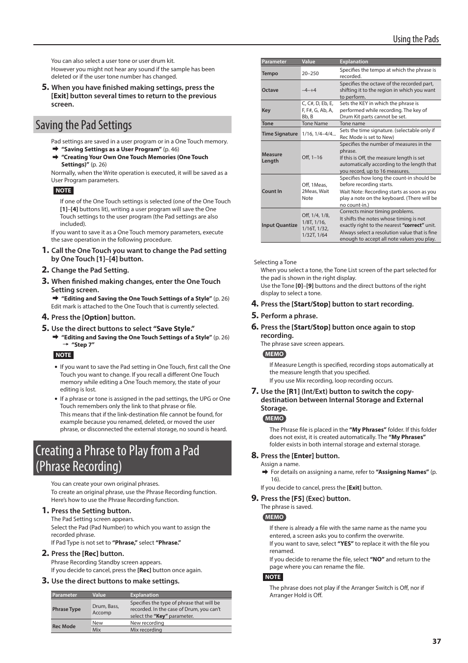 Saving the pad settings, Using the pads | Roland E-A7 61 Key Expandable Arranger Keyboard User Manual | Page 37 / 60
