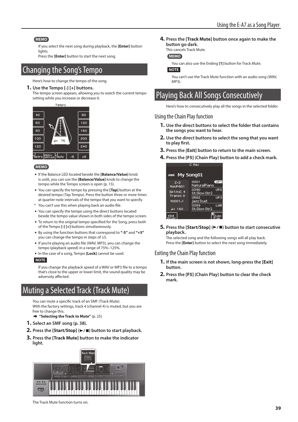 Changing the song’s tempo, Muting a selected track (track mute), Playing back all songs consecutively | Using the e-a7 as a song player, Using the chain play function, Exiting the chain play function | Roland E-A7 61 Key Expandable Arranger Keyboard User Manual | Page 39 / 60
