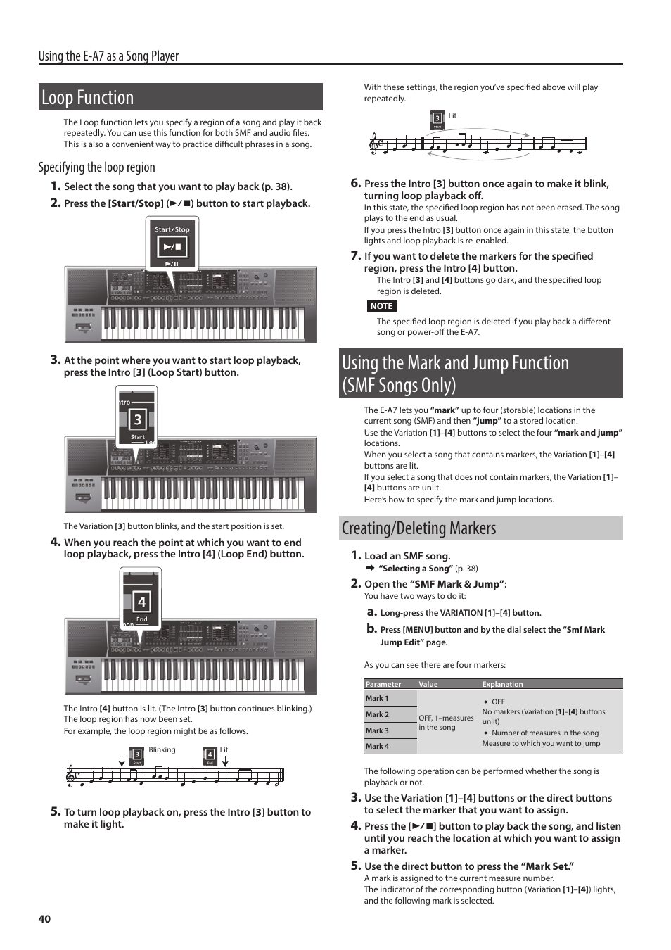 Loop function, Using the mark and jump function (smf songs only), Creating/deleting markers | Y on/off (p. 40, T (p. 40, Using the e-a7 as a song player, Specifying the loop region | Roland E-A7 61 Key Expandable Arranger Keyboard User Manual | Page 40 / 60