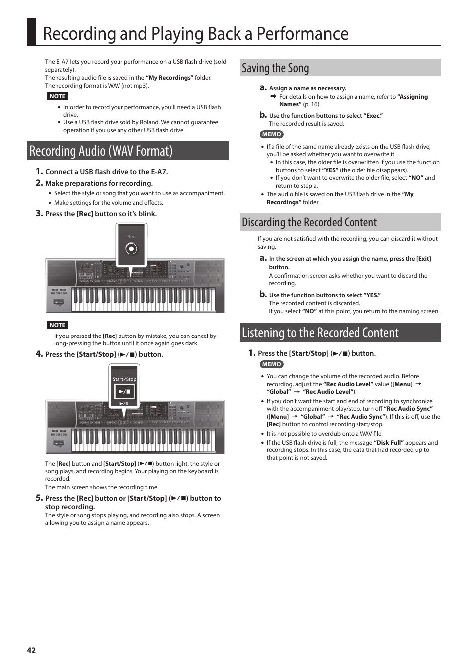 Recording and playing back a performance, Recording audio (wav format), Saving the song | Discarding the recorded content, Listening to the recorded content | Roland E-A7 61 Key Expandable Arranger Keyboard User Manual | Page 42 / 60