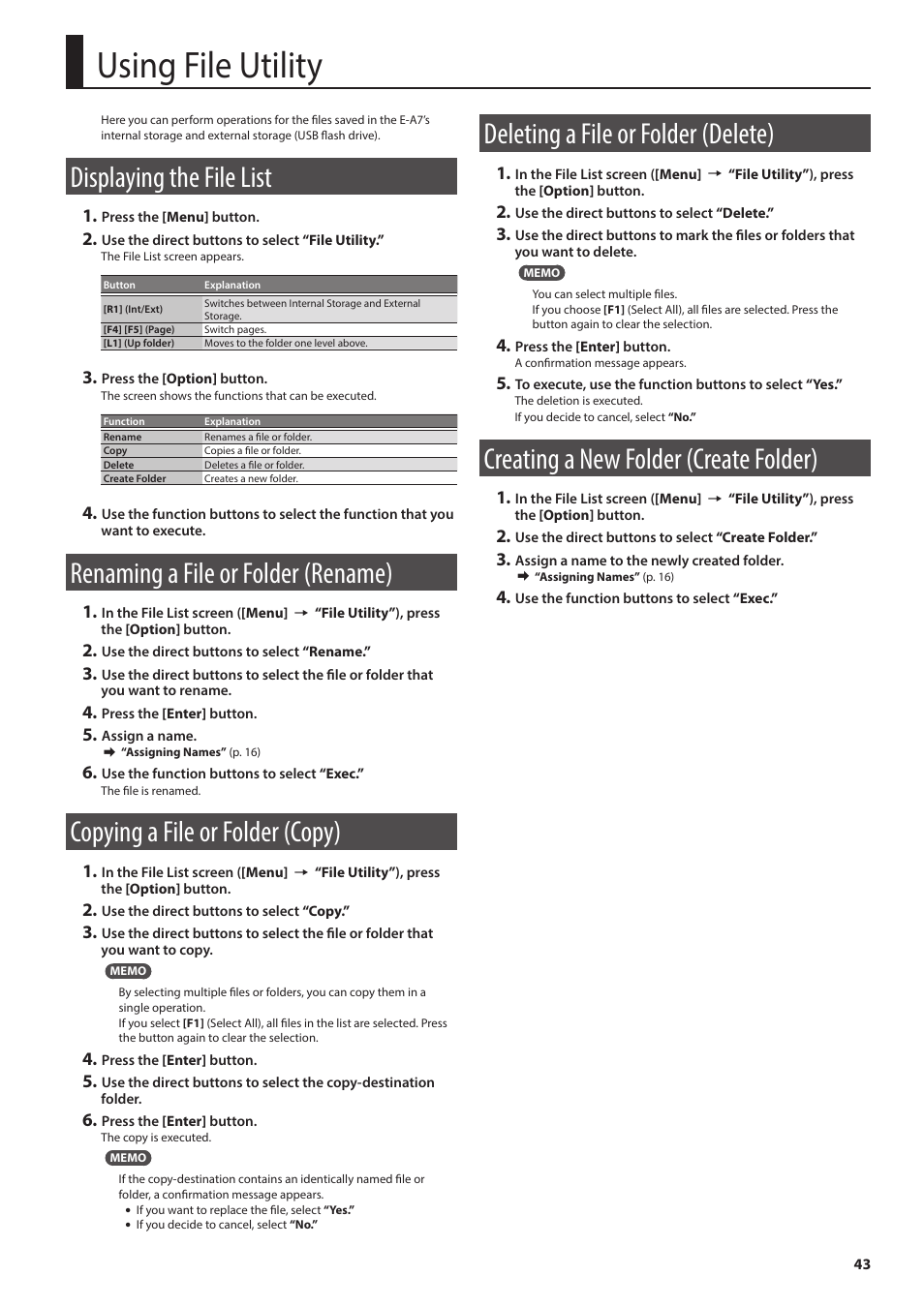 Using file utility, Displaying the file list, Renaming a file or folder (rename) | Copying a file or folder (copy), Deleting a file or folder (delete), Creating a new folder (create folder) | Roland E-A7 61 Key Expandable Arranger Keyboard User Manual | Page 43 / 60