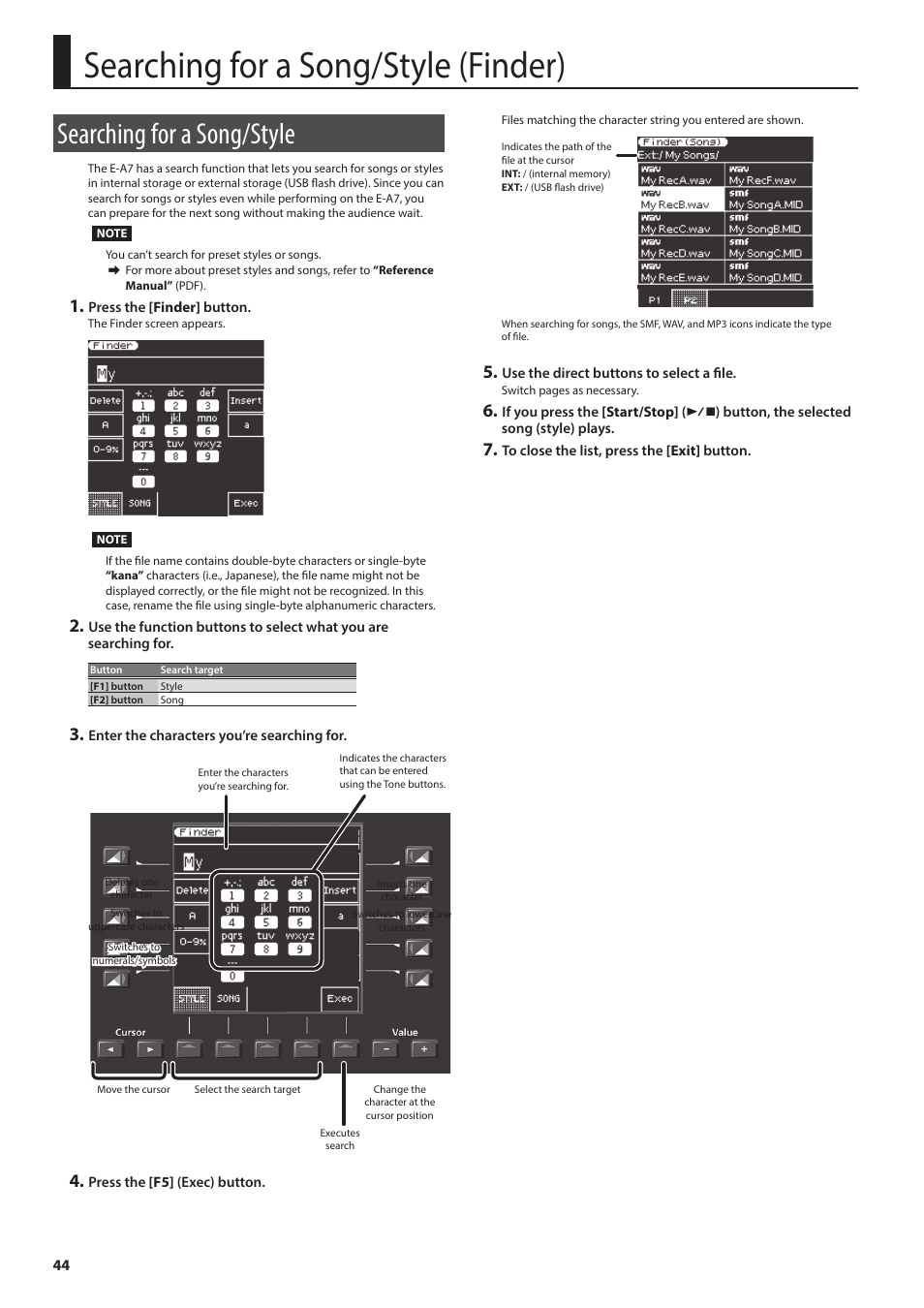 Searching for a song/style (finder), Searching for a song/style, Ong (p. 44) | Roland E-A7 61 Key Expandable Arranger Keyboard User Manual | Page 44 / 60