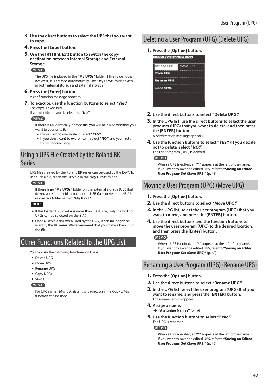 Using a ups file created by the roland bk series, Other functions related to the upg list, Deleting a user program (upg) (delete upg) | Moving a user program (upg) (move upg), Renaming a user program (upg) (rename upg), User program (upg) | Roland E-A7 61 Key Expandable Arranger Keyboard User Manual | Page 47 / 60