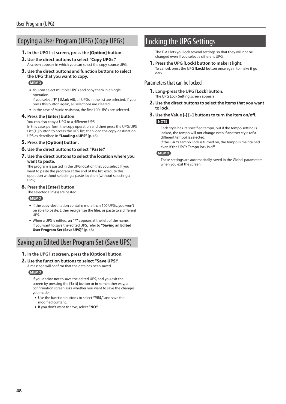 Copying a user program (upg) (copy upgs), Saving an edited user program set (save ups), Locking the upg settings | P. 48), Saving an edited, User program set (save ups), User program (upg), Parameters that can be locked | Roland E-A7 61 Key Expandable Arranger Keyboard User Manual | Page 48 / 60