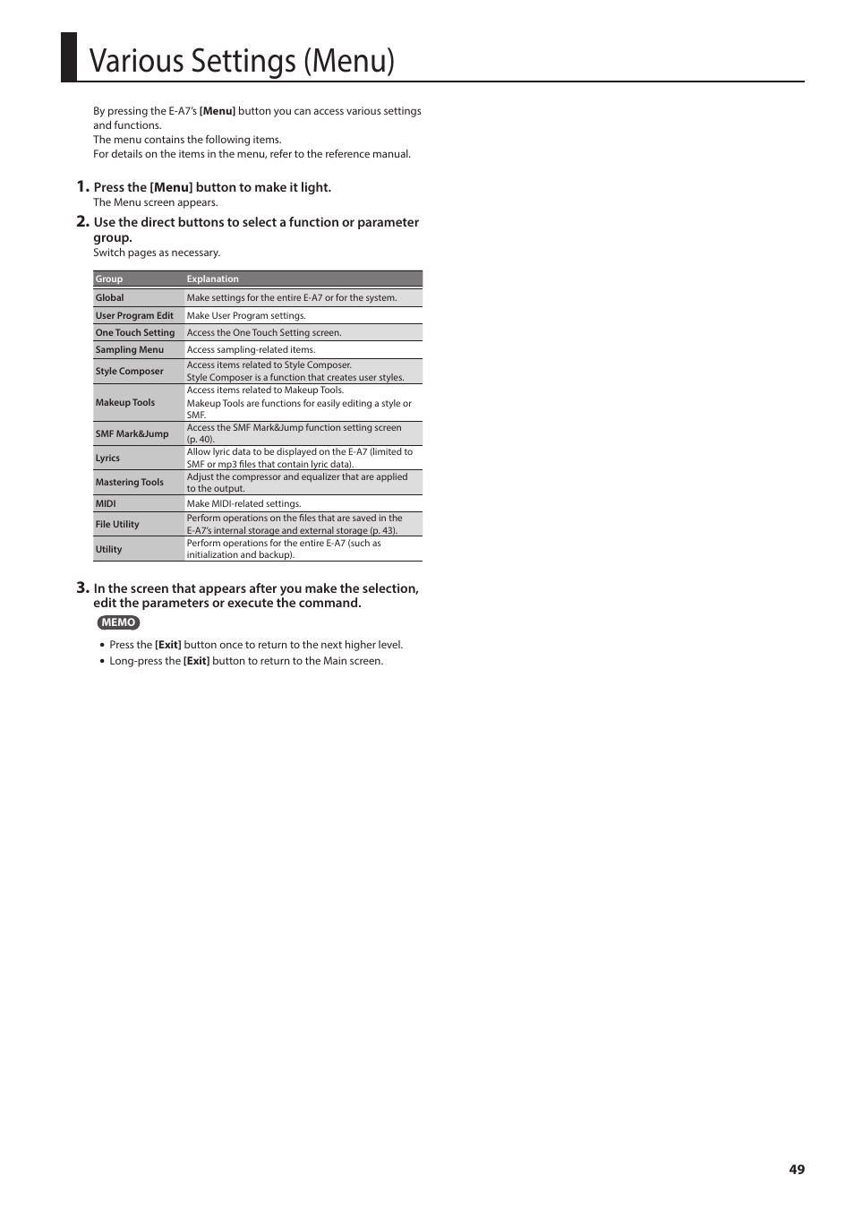 Various settings (menu) | Roland E-A7 61 Key Expandable Arranger Keyboard User Manual | Page 49 / 60