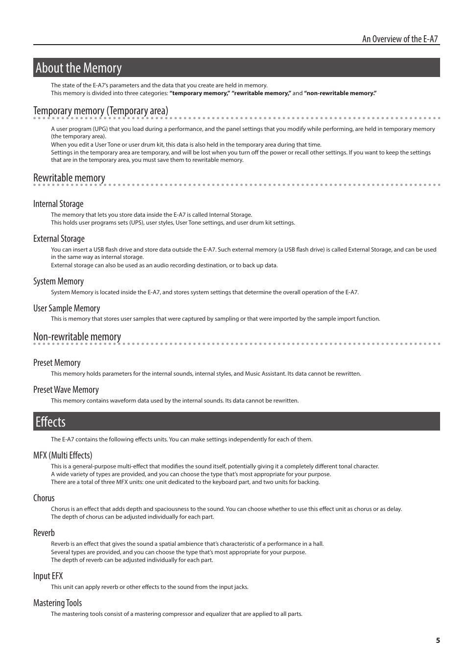 About the memory, Effects, An overview of the e-a7 | Internal storage, External storage, Mfx (multi effects), Chorus, Reverb, Input efx, Mastering tools | Roland E-A7 61 Key Expandable Arranger Keyboard User Manual | Page 5 / 60