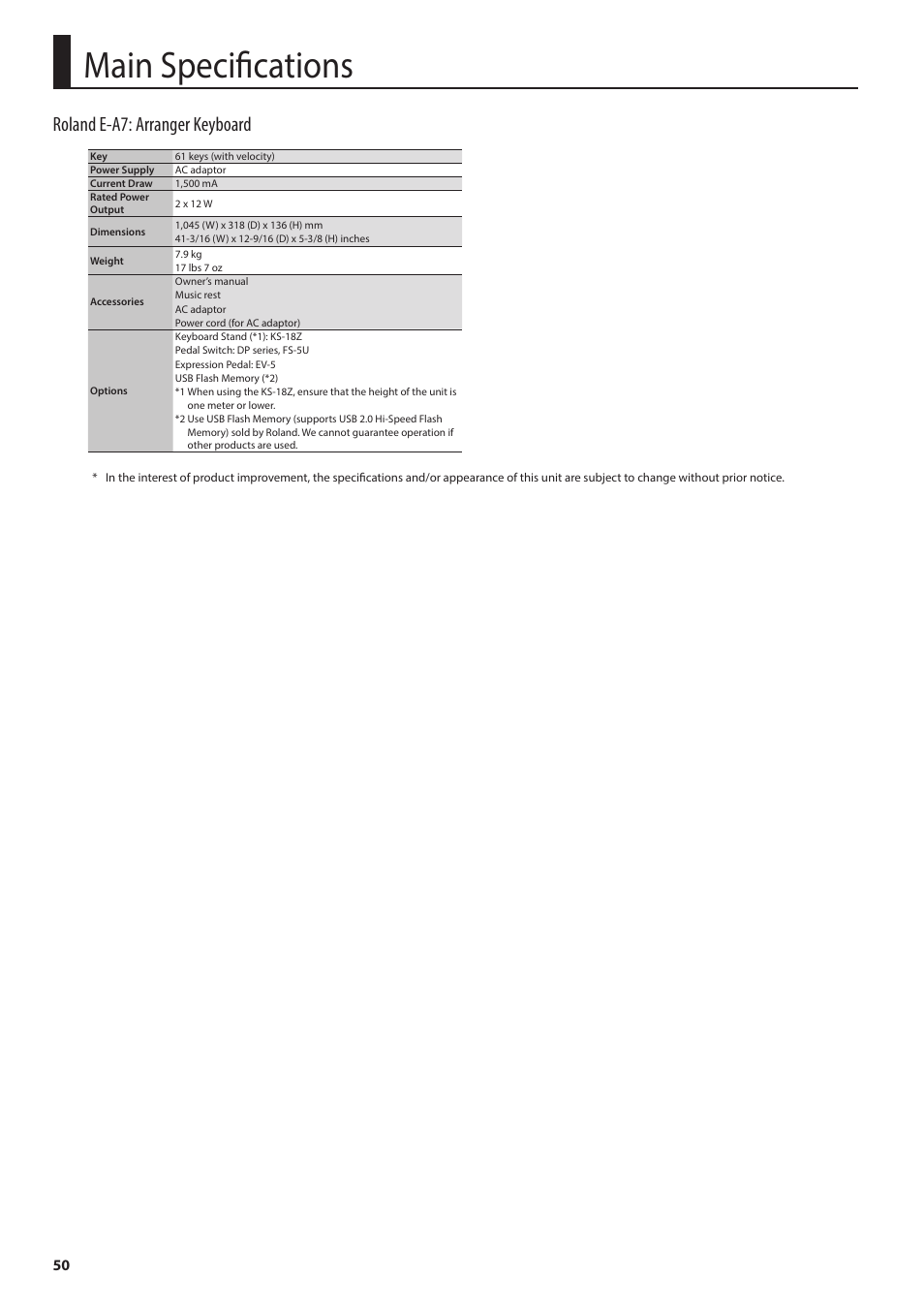 Main specifications, Roland e-a7: arranger keyboard | Roland E-A7 61 Key Expandable Arranger Keyboard User Manual | Page 50 / 60