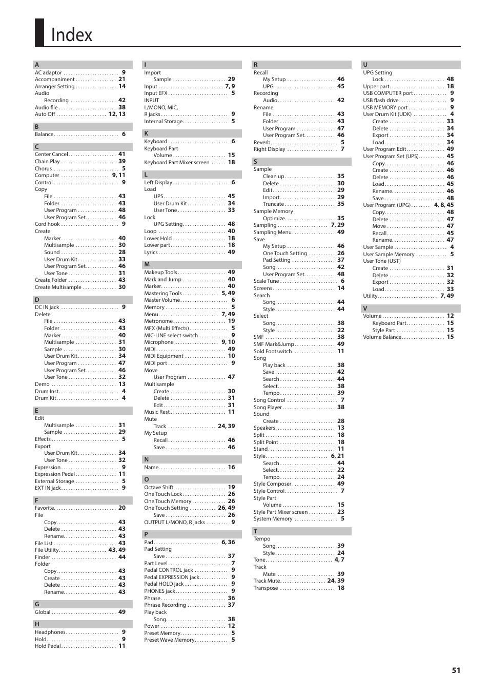 Index | Roland E-A7 61 Key Expandable Arranger Keyboard User Manual | Page 51 / 60