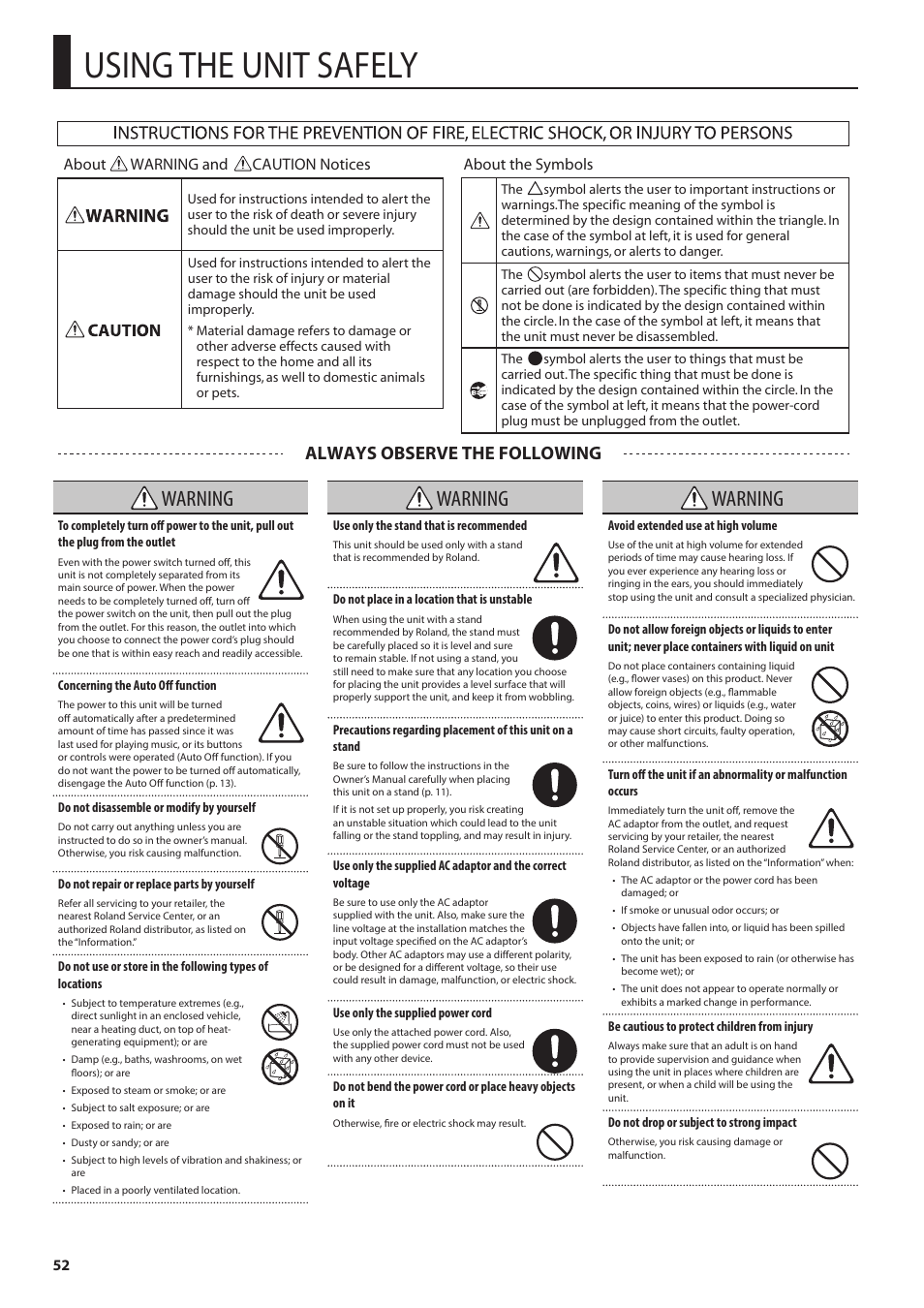 Using the unit safely, Warning, Always observe the following | Roland E-A7 61 Key Expandable Arranger Keyboard User Manual | Page 52 / 60