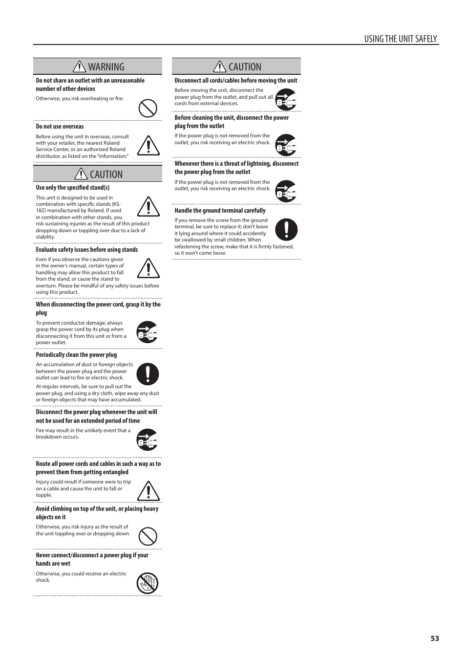 Warning, Caution, Using the unit safely | Roland E-A7 61 Key Expandable Arranger Keyboard User Manual | Page 53 / 60