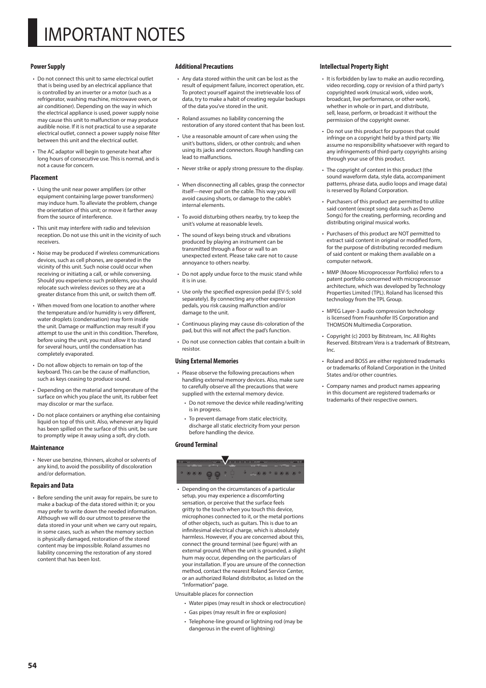 Important notes | Roland E-A7 61 Key Expandable Arranger Keyboard User Manual | Page 54 / 60