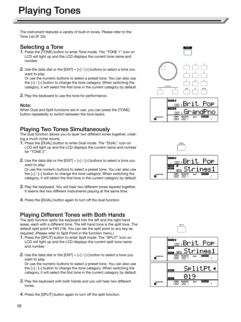 Playing tones, Selecting a tone, Playing two tones simultaneously | Playing different tones with both hands, P. 10) | Roland E-X50 61-Key Arranger Keyboard User Manual | Page 10 / 47