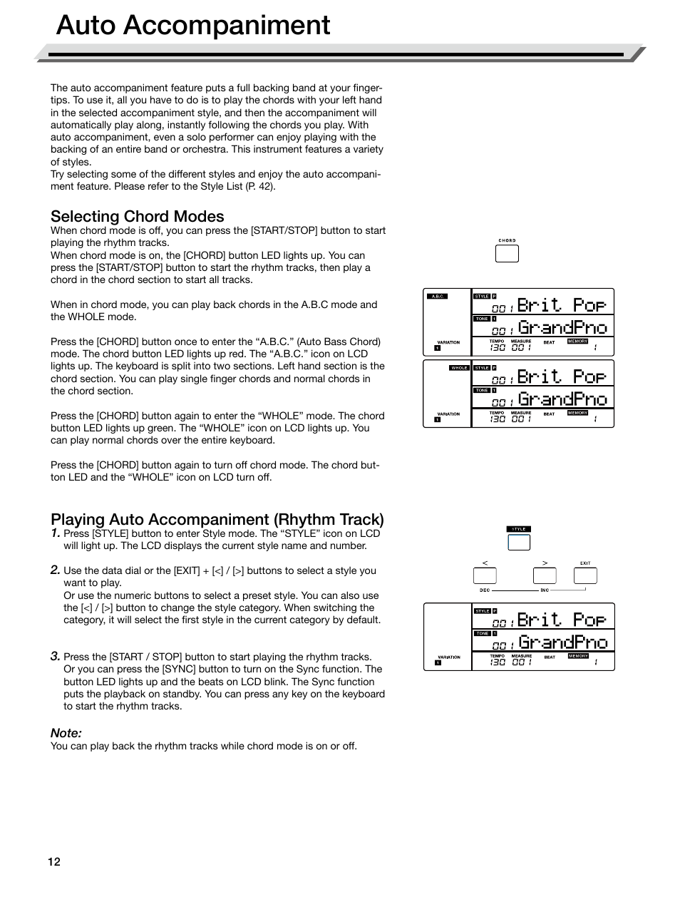 Auto accompaniment, Selecting chord modes, Playing auto accompaniment (rhythm track) | Roland E-X50 61-Key Arranger Keyboard User Manual | Page 12 / 47