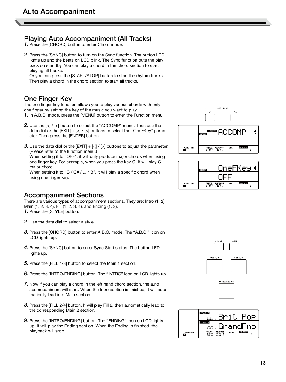 Playing auto accompaniment (all tracks), One finger key, Accompaniment sections | Auto accompaniment | Roland E-X50 61-Key Arranger Keyboard User Manual | Page 13 / 47