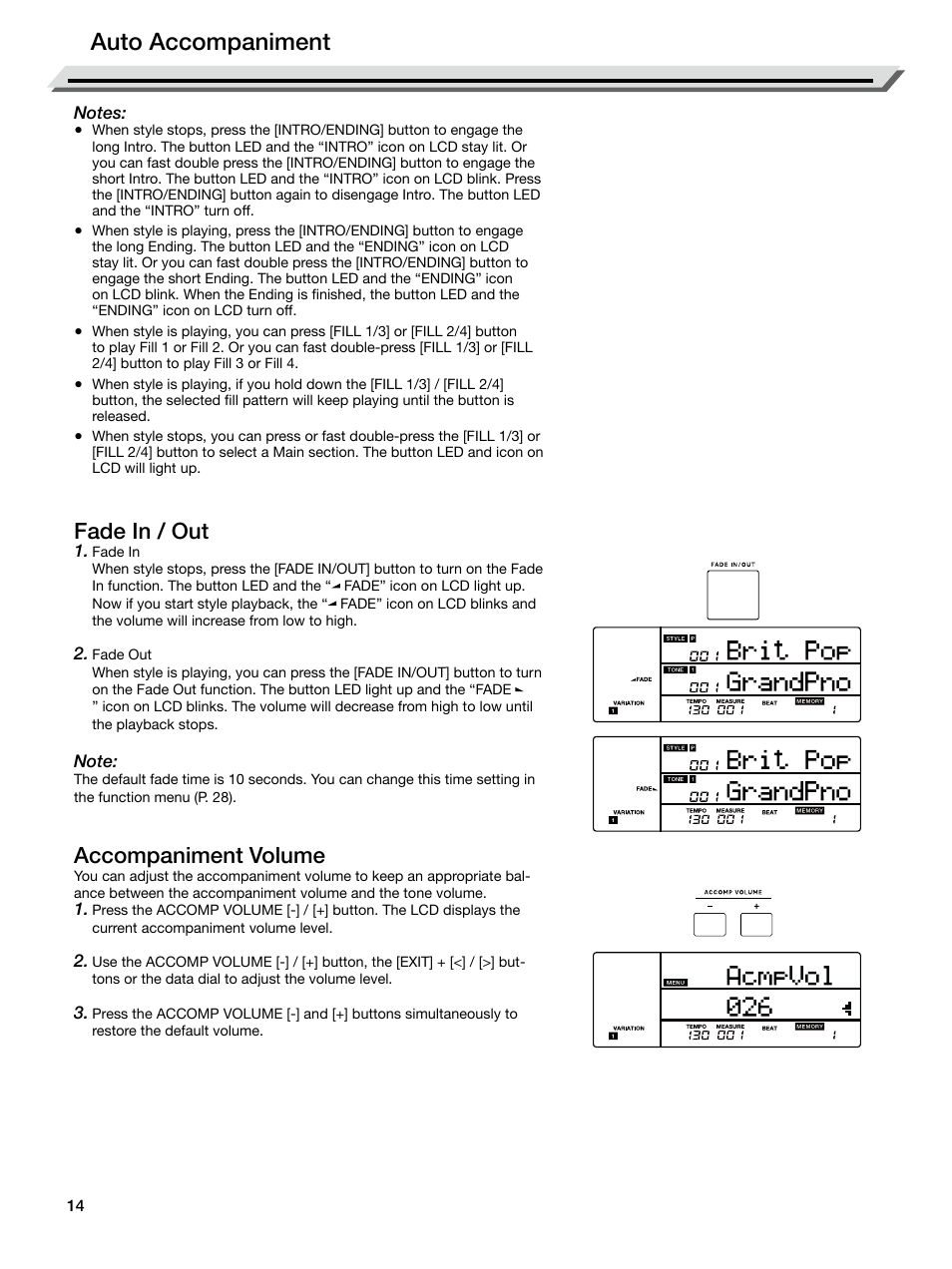 Fade in / out, Accompaniment volume, Auto accompaniment | Roland E-X50 61-Key Arranger Keyboard User Manual | Page 14 / 47