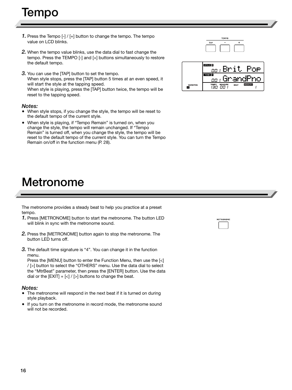 Tempo, Metronome, Tempo metronome | Roland E-X50 61-Key Arranger Keyboard User Manual | Page 16 / 47