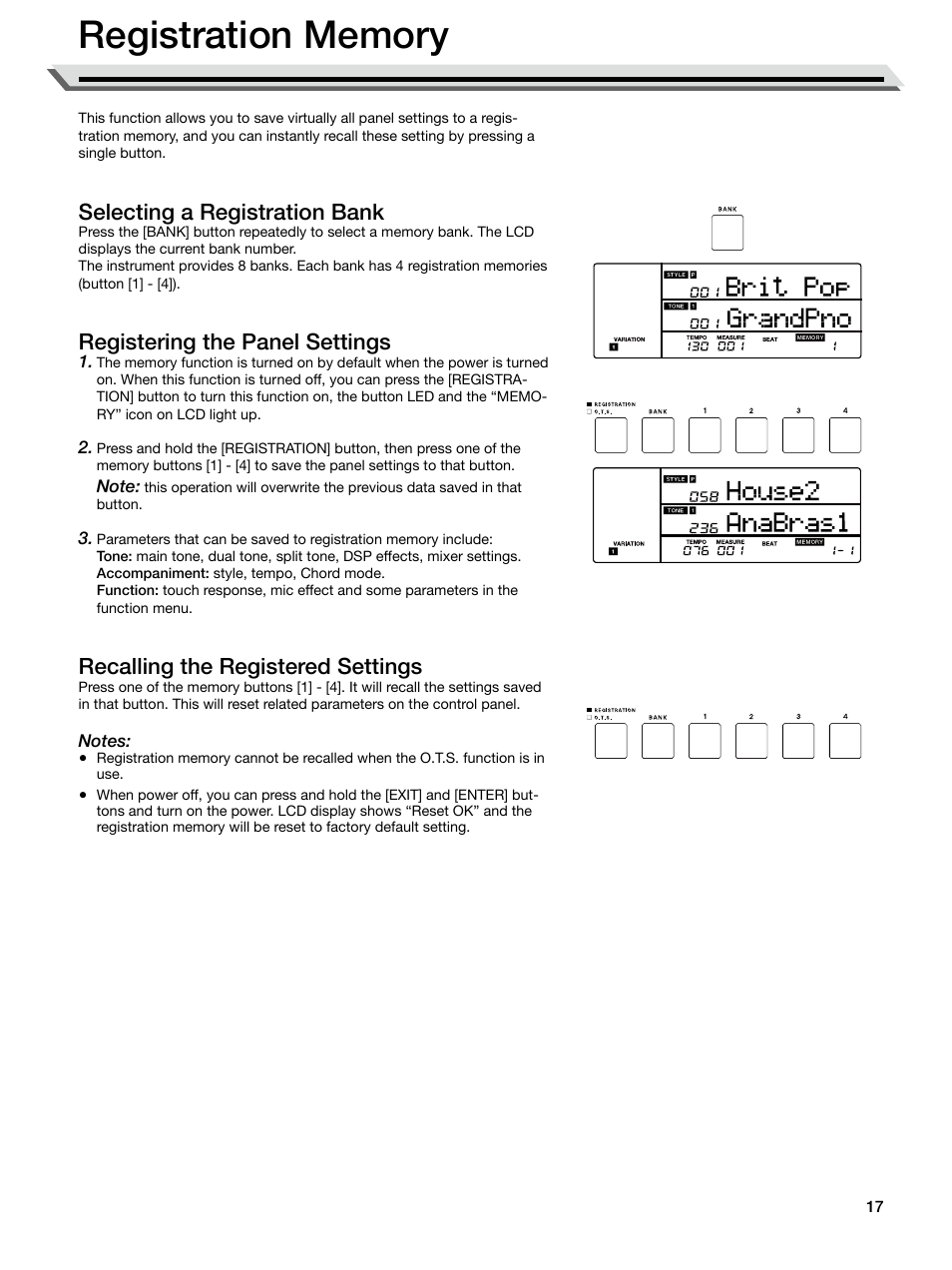 Registration memory, Selecting a registration bank, Registering the panel settings | Recalling the registered settings | Roland E-X50 61-Key Arranger Keyboard User Manual | Page 17 / 47