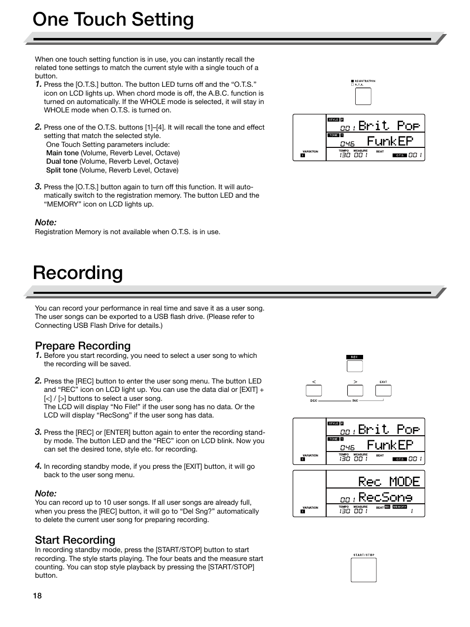 One touch setting, Recording, Prepare recording | Start recording, One touch setting recording | Roland E-X50 61-Key Arranger Keyboard User Manual | Page 18 / 47