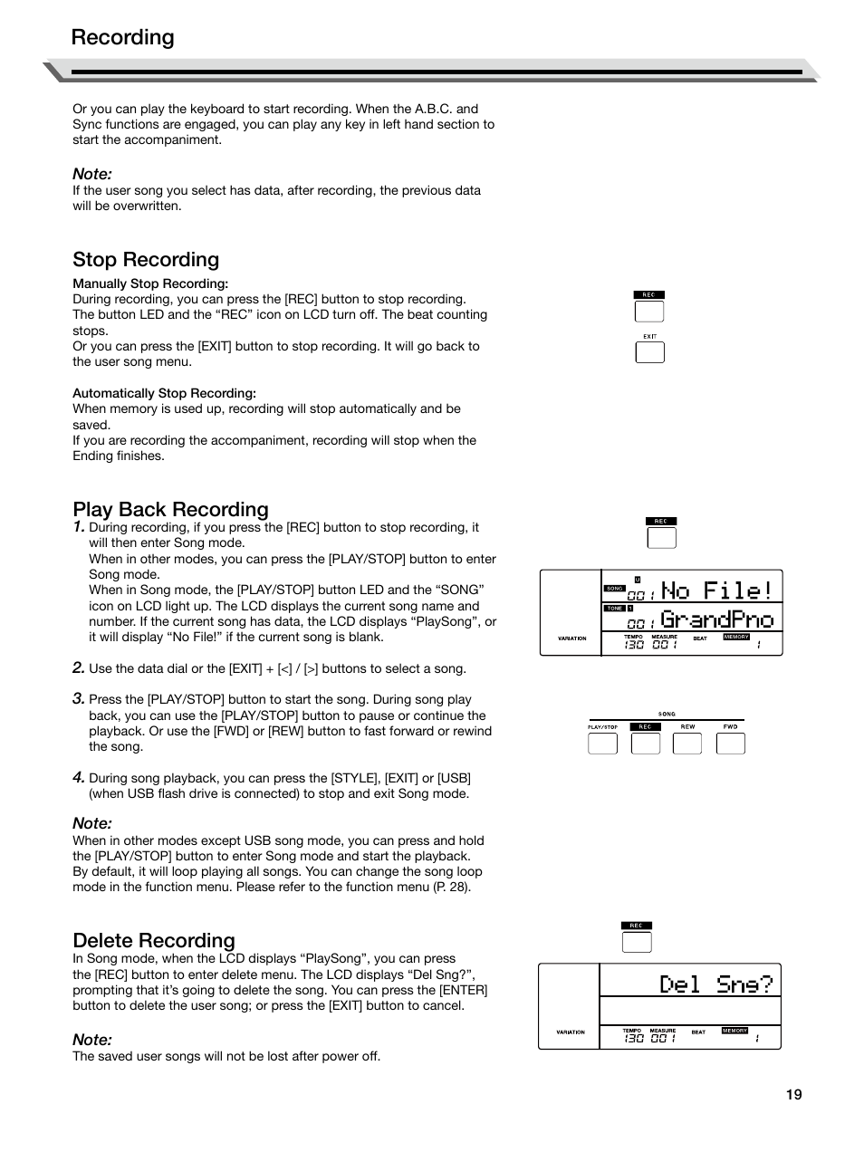 Stop recording, Play back recording, Delete recording | P. 19), Recording | Roland E-X50 61-Key Arranger Keyboard User Manual | Page 19 / 47