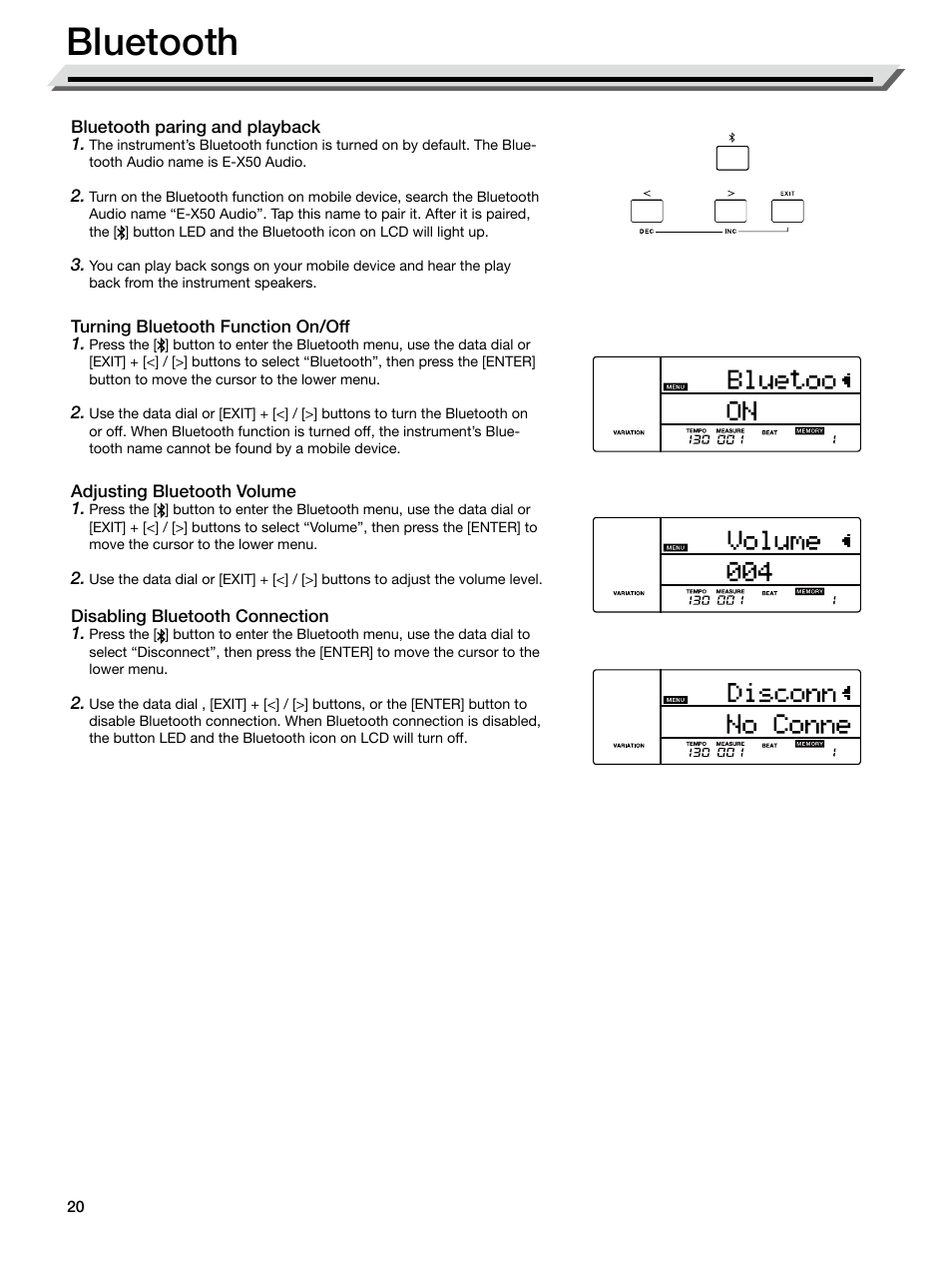 Bluetooth, Bluetooth paring and playback, Turning bluetooth function on/off | Adjusting bluetooth volume, Disabling bluetooth connection | Roland E-X50 61-Key Arranger Keyboard User Manual | Page 20 / 47