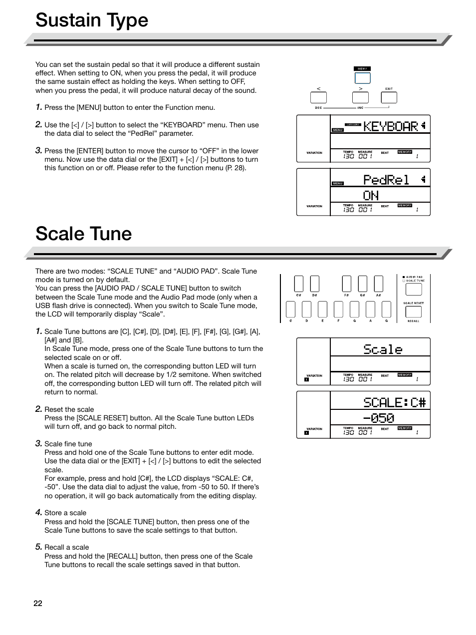 Sustain type, Scale tune, Sustain type scale tune | Roland E-X50 61-Key Arranger Keyboard User Manual | Page 22 / 47