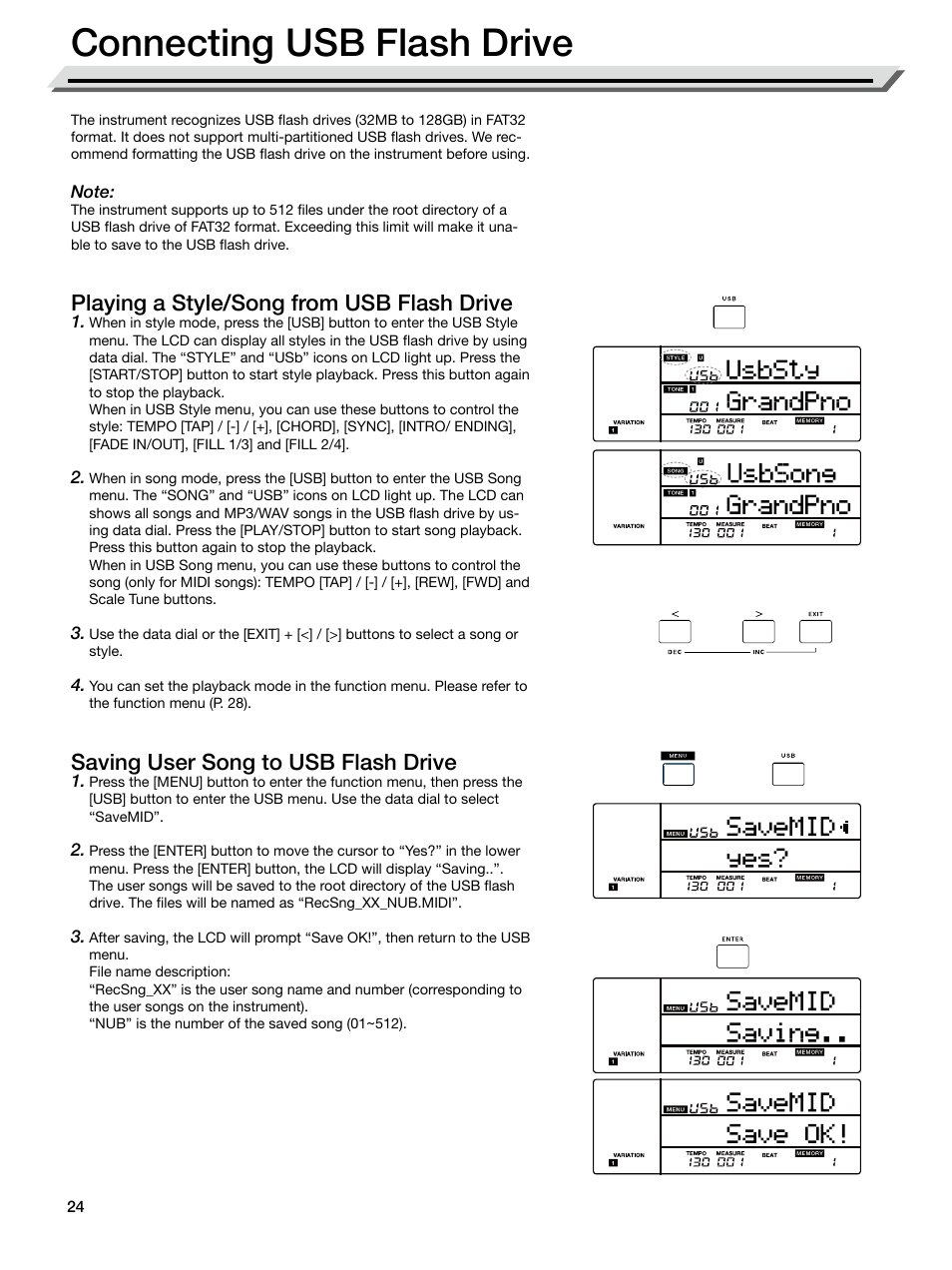 Connecting usb flash drive, Playing a style/song from usb flash drive, Saving user song to usb flash drive | Roland E-X50 61-Key Arranger Keyboard User Manual | Page 24 / 47