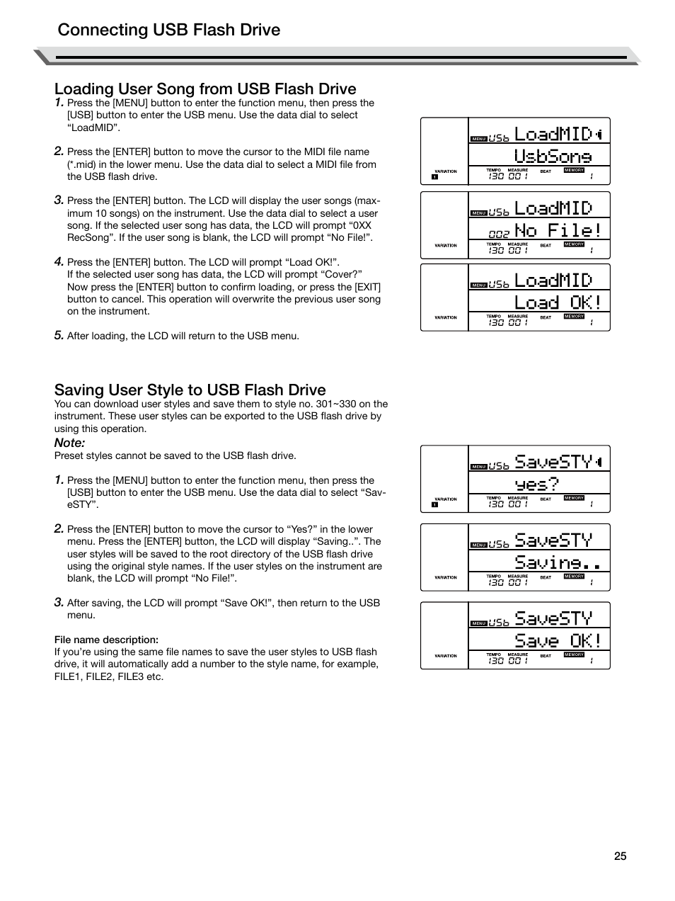 Loading user song from usb flash drive, Saving user style to usb flash drive, P. 25 | Connecting usb flash drive | Roland E-X50 61-Key Arranger Keyboard User Manual | Page 25 / 47