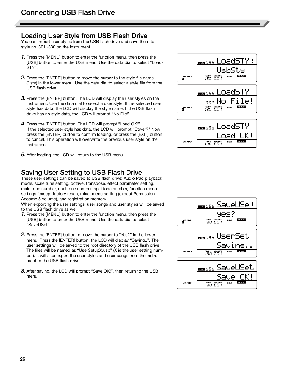 Loading user style from usb flash drive, Saving user setting to usb flash drive, Connecting usb flash drive | Roland E-X50 61-Key Arranger Keyboard User Manual | Page 26 / 47