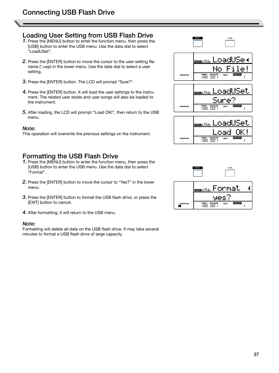 Loading user setting from usb flash drive, Formatting the usb flash drive, Connecting usb flash drive | Roland E-X50 61-Key Arranger Keyboard User Manual | Page 27 / 47