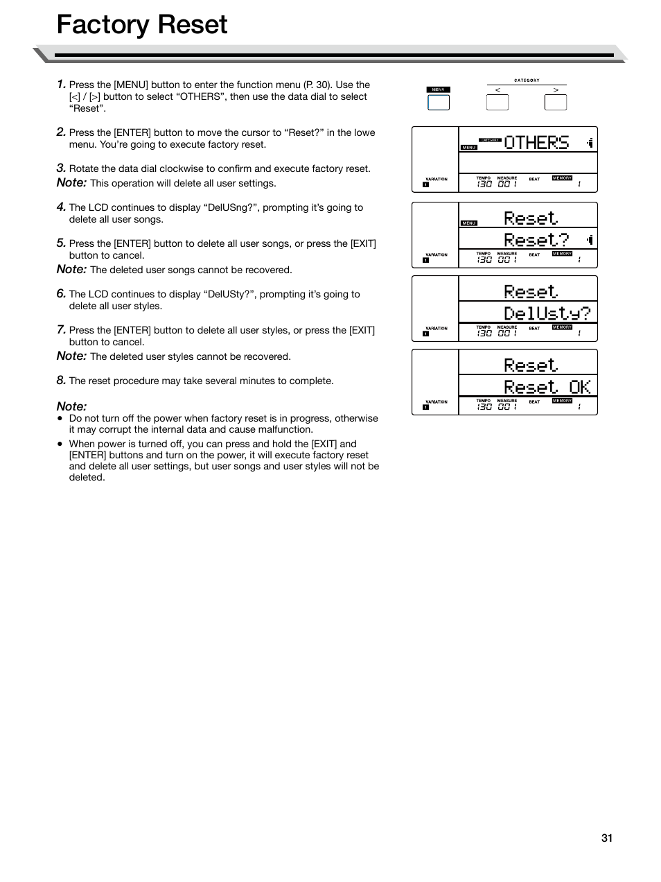 Factory reset | Roland E-X50 61-Key Arranger Keyboard User Manual | Page 31 / 47