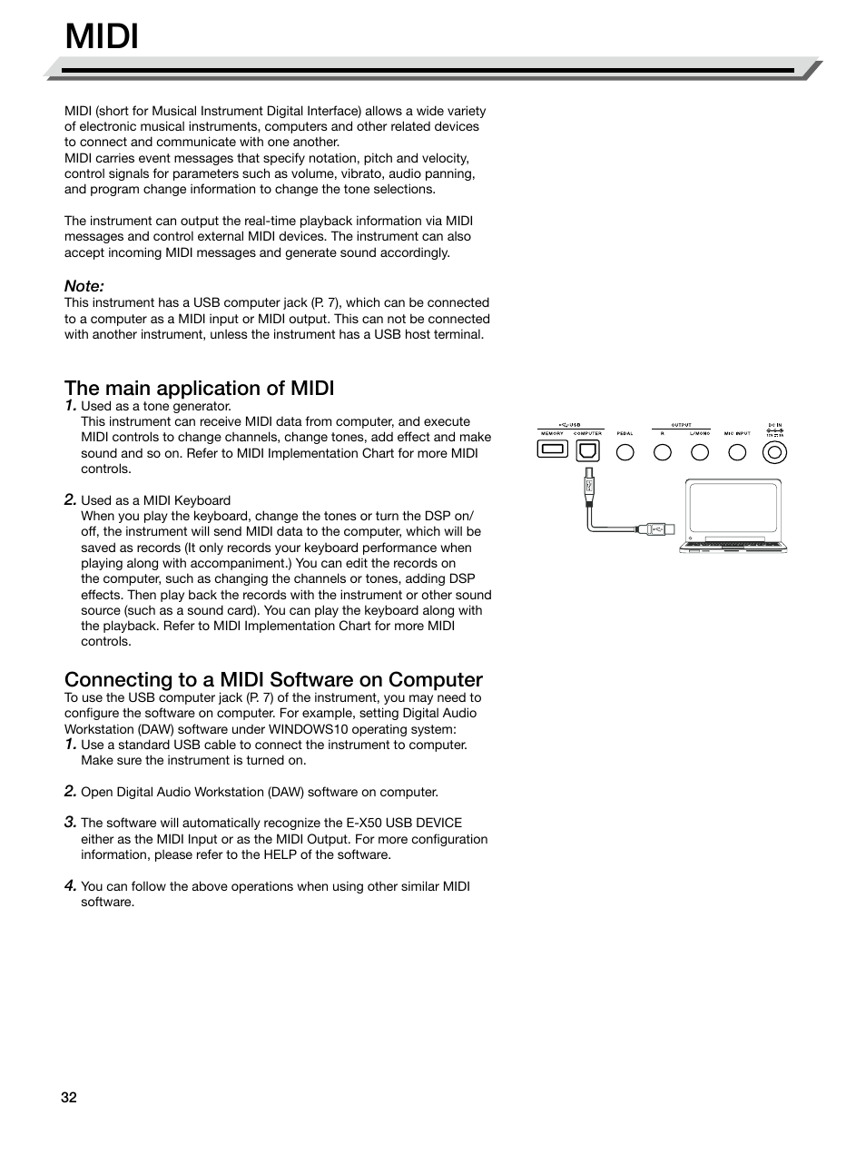 Midi, The main application of midi, Connecting to a midi software on computer | Roland E-X50 61-Key Arranger Keyboard User Manual | Page 32 / 47
