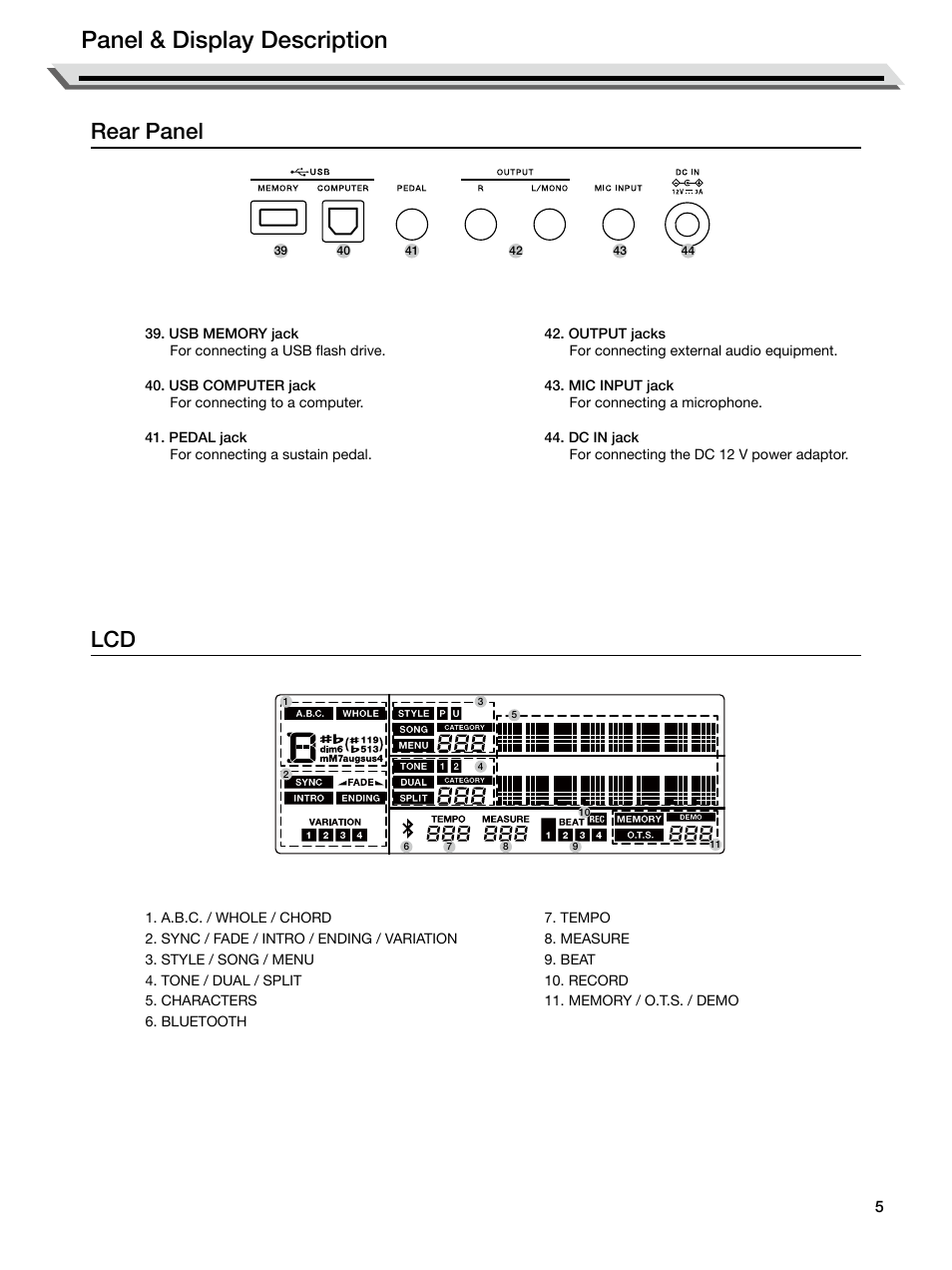 Rear panel, Panel & display description, Rear panel lcd | Roland E-X50 61-Key Arranger Keyboard User Manual | Page 5 / 47