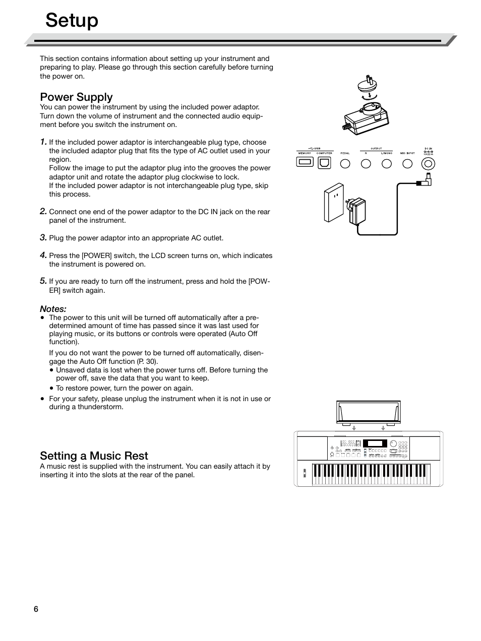 Setup, Power supply, Setting a music rest | Roland E-X50 61-Key Arranger Keyboard User Manual | Page 6 / 47