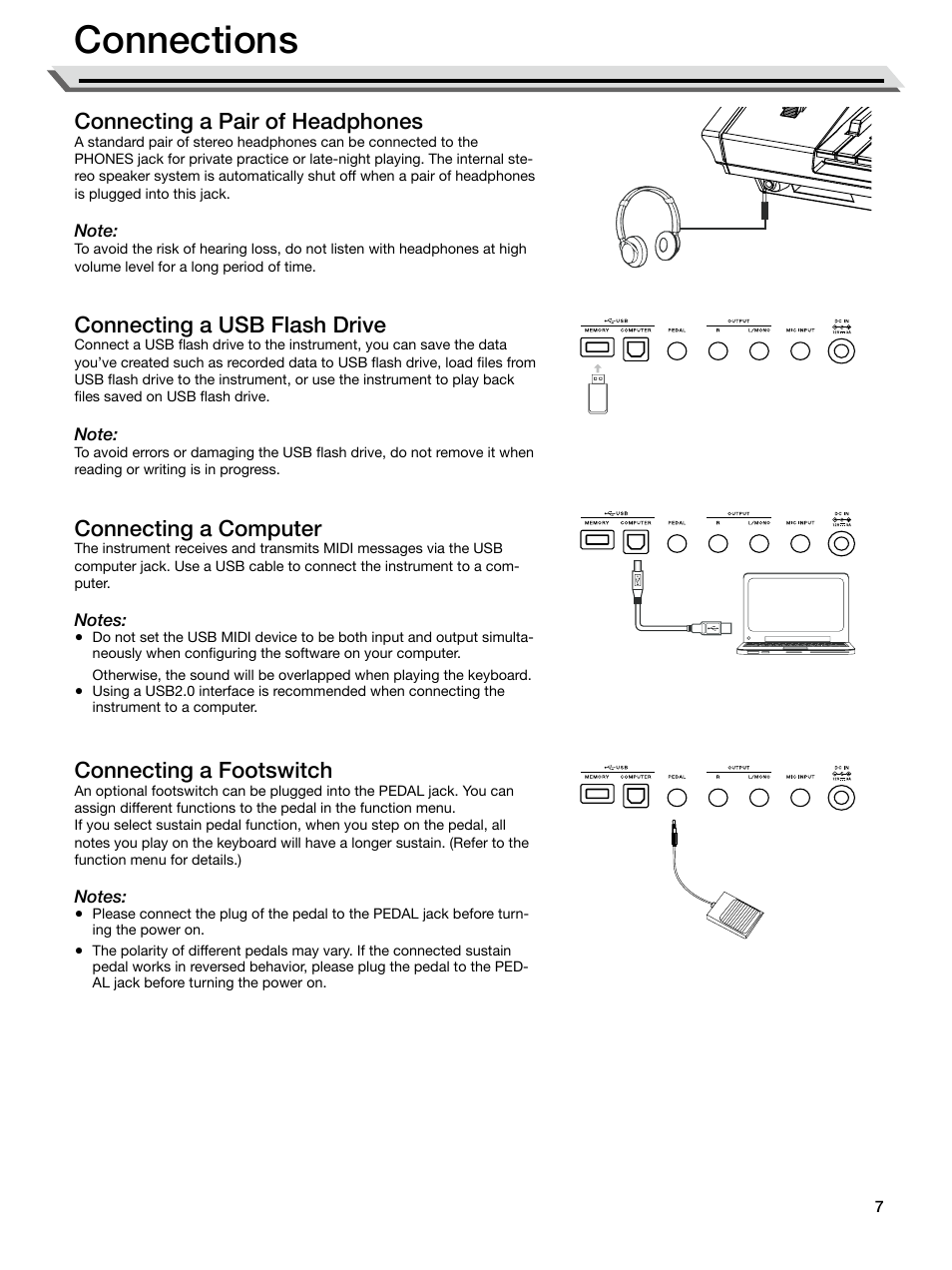 Connections, Connecting a pair of headphones, Connecting a usb flash drive | Connecting a computer, Connecting a footswitch | Roland E-X50 61-Key Arranger Keyboard User Manual | Page 7 / 47