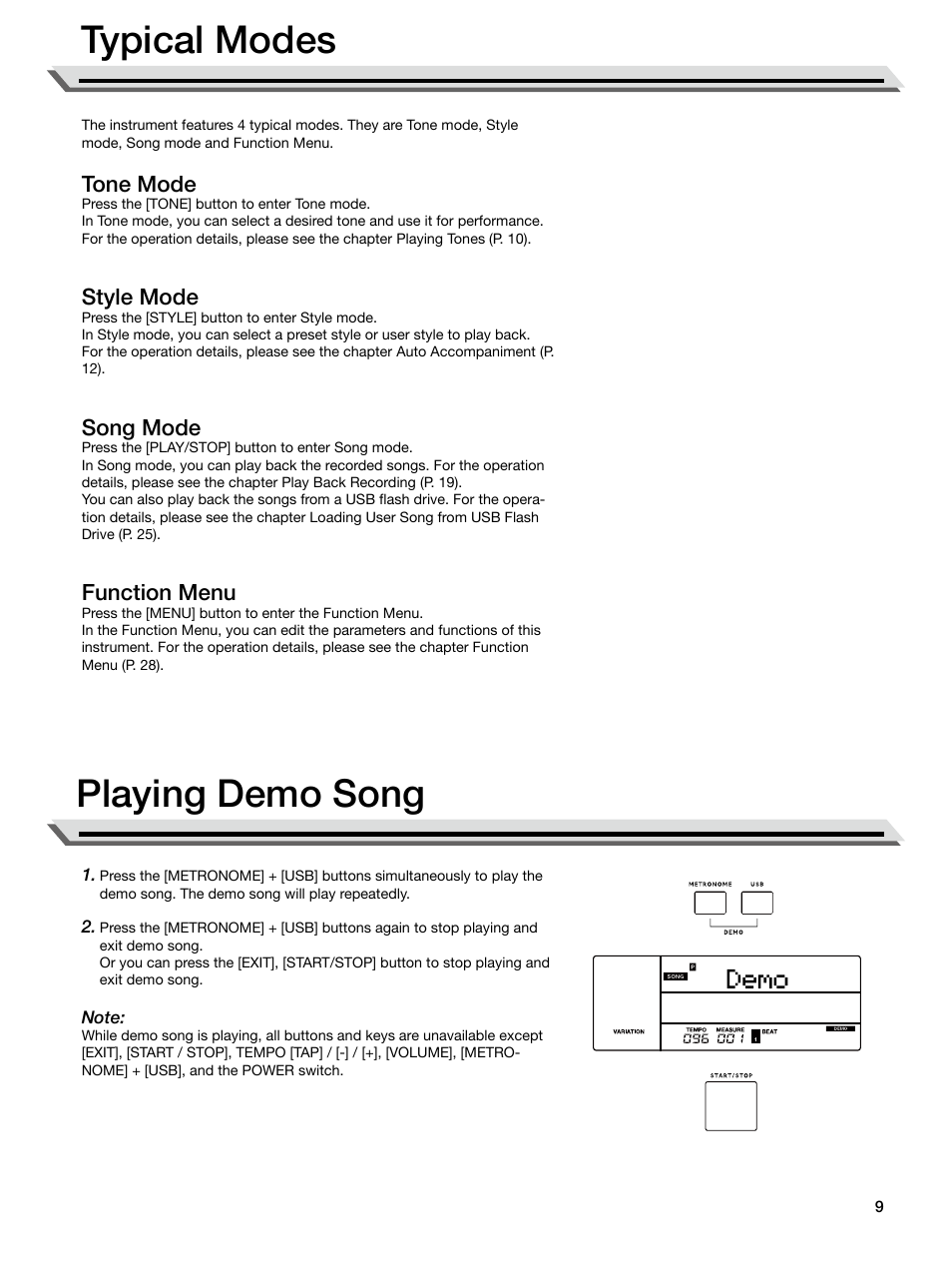 Typical modes, Tone mode, Style mode | Song mode, Function menu, Playing demo song, Typical modes playing demo song | Roland E-X50 61-Key Arranger Keyboard User Manual | Page 9 / 47