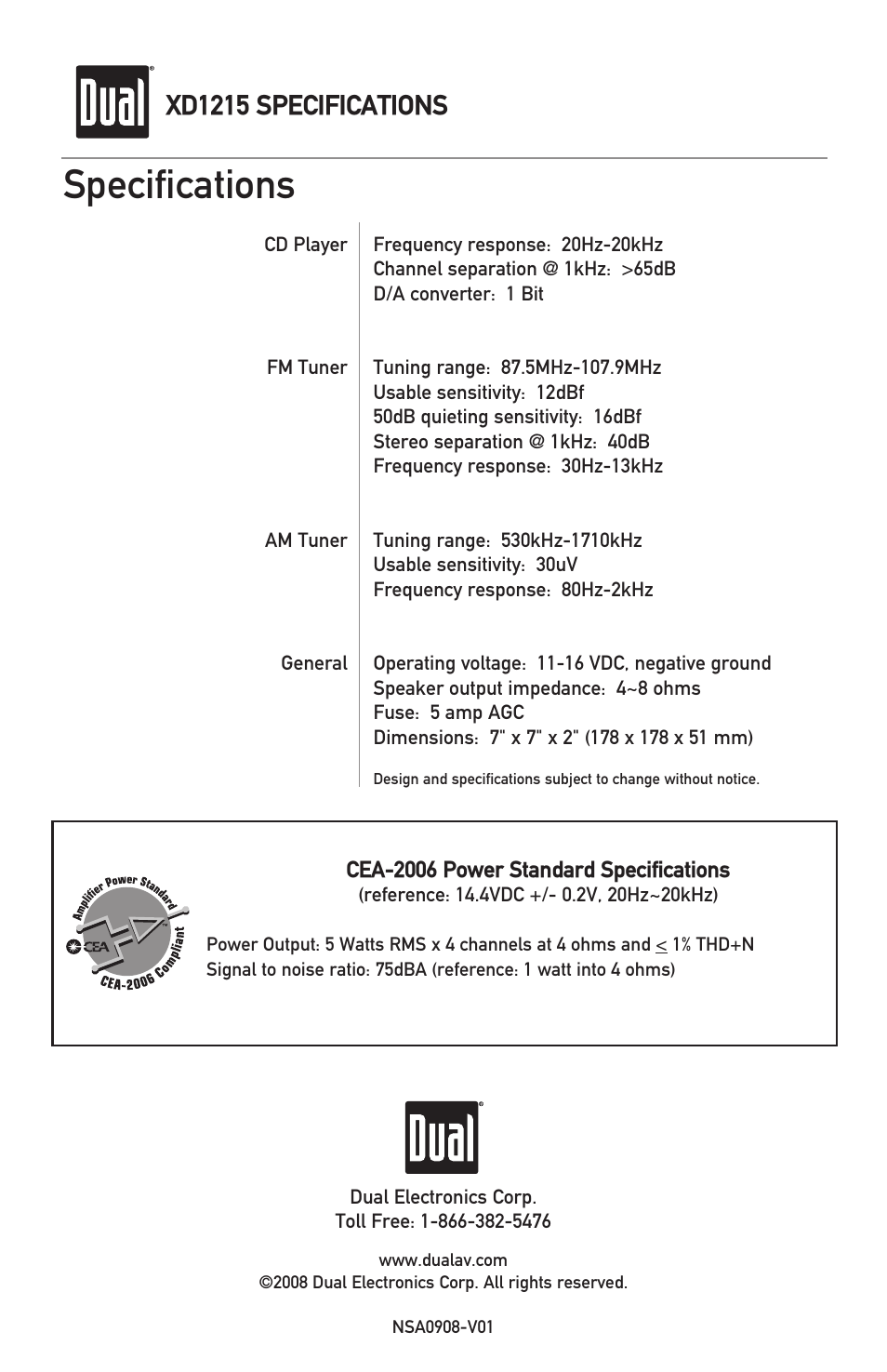 Specifications, Xd1215 specifications | Dual XD1215 User Manual | Page 12 / 12