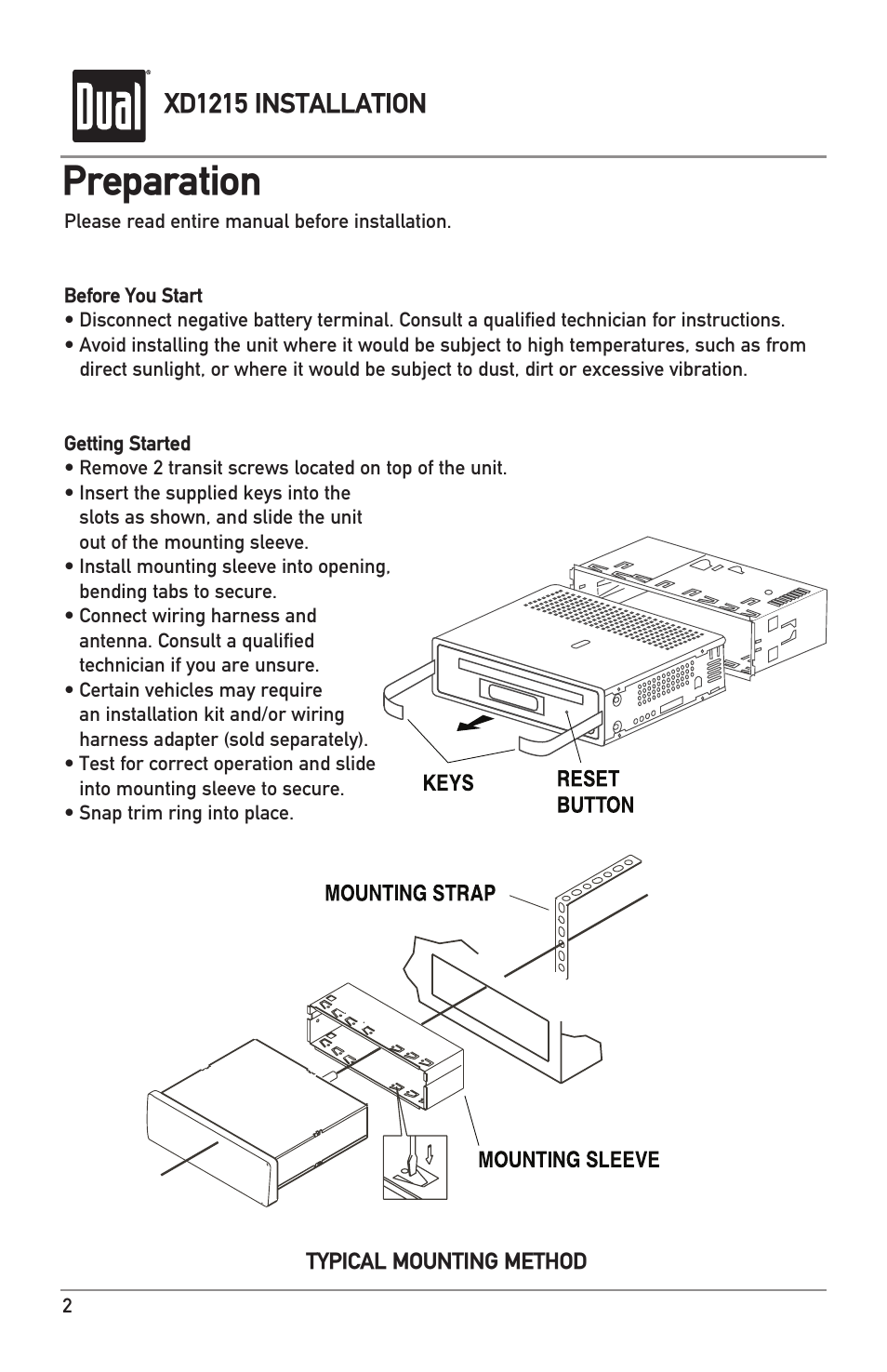 Preparation, Xd1215 installation | Dual XD1215 User Manual | Page 2 / 12
