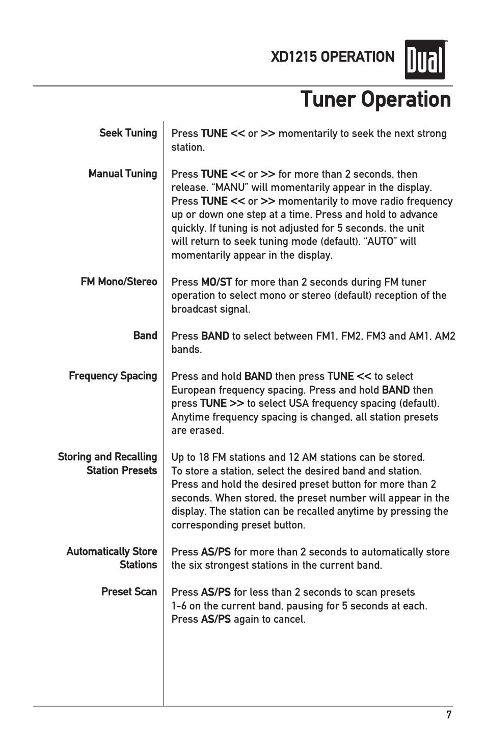 Tuner operation, Xd1215 operation | Dual XD1215 User Manual | Page 7 / 12