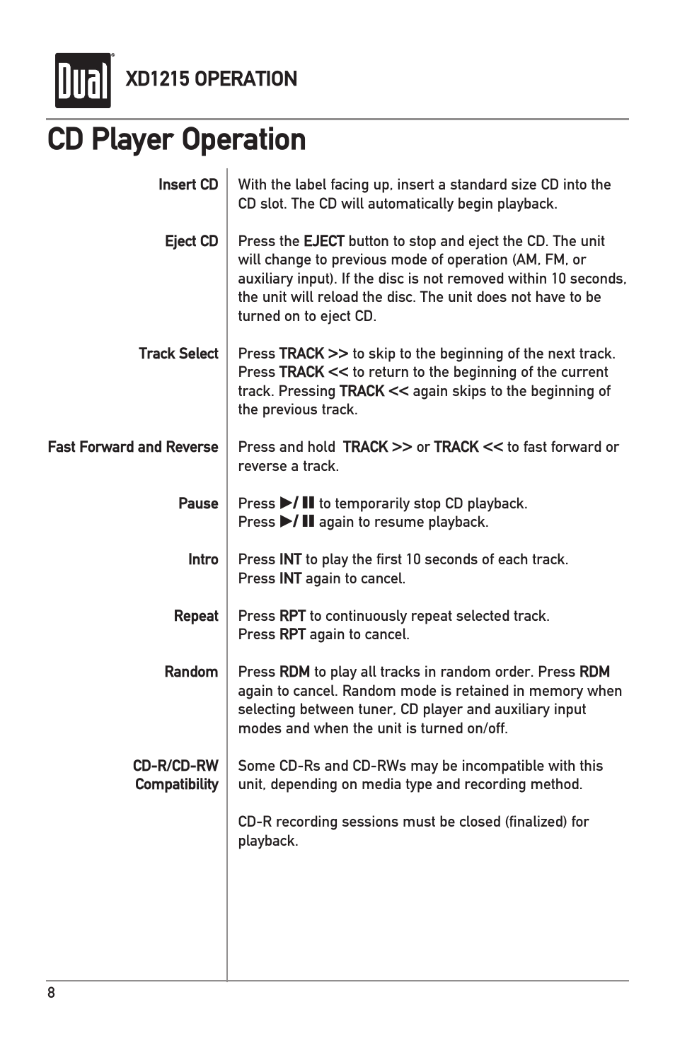 Cd player operation, Xd1215 operation | Dual XD1215 User Manual | Page 8 / 12