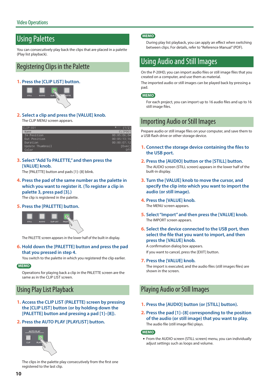 Using palettes, Registering clips in the palette, Using play list playback | Using audio and still images, Importing audio or still images, Playing audio or still images, Video operations | Roland P-20HD Video Instant Replayer User Manual | Page 10 / 12