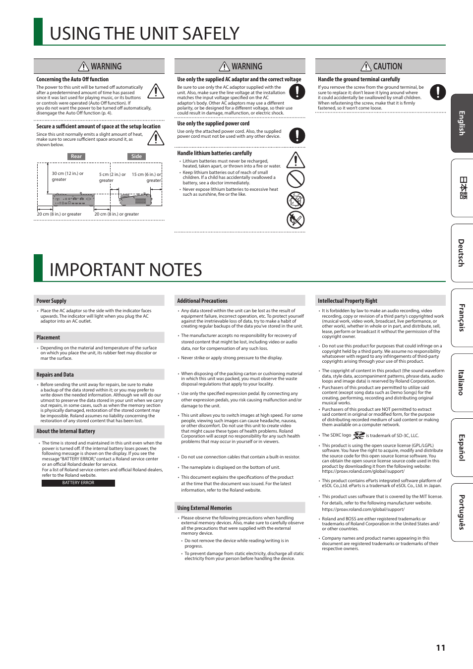 Using the unit safely, Important notes, Warning | Caution | Roland P-20HD Video Instant Replayer User Manual | Page 11 / 12